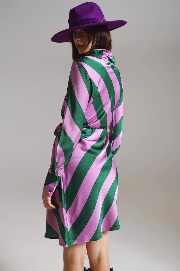 Q2 Satin Lilac & Green Striped Wrap Dress