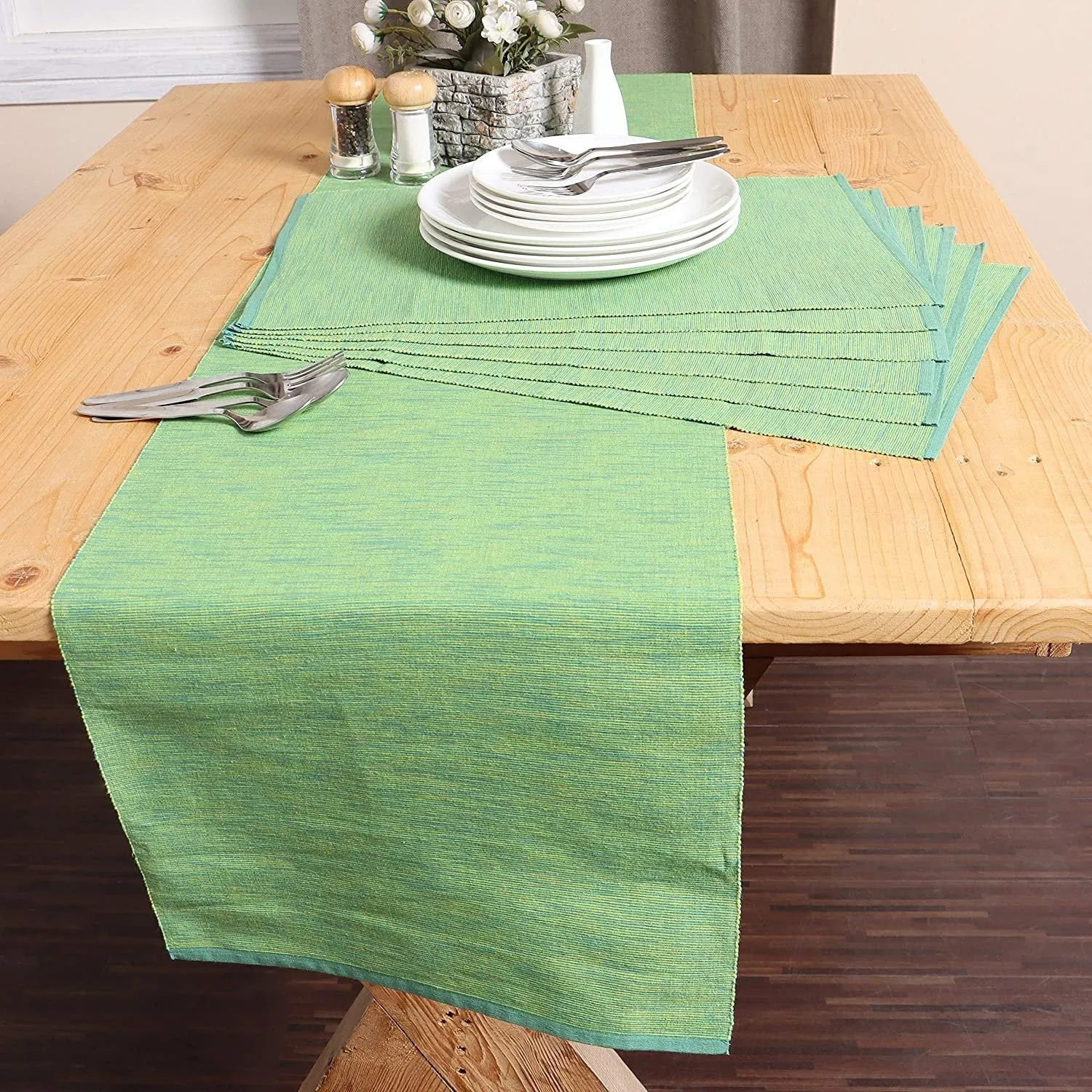  REDEARTH  Christmas Table Runner-Two Tone Thanksgiving Fall Harvest Decor Ribbed Woven Table Linen for Round, Rectangle Dining Table, Coffee Table, Console, Dresser; 100% Cotton (14"x72"; Green)