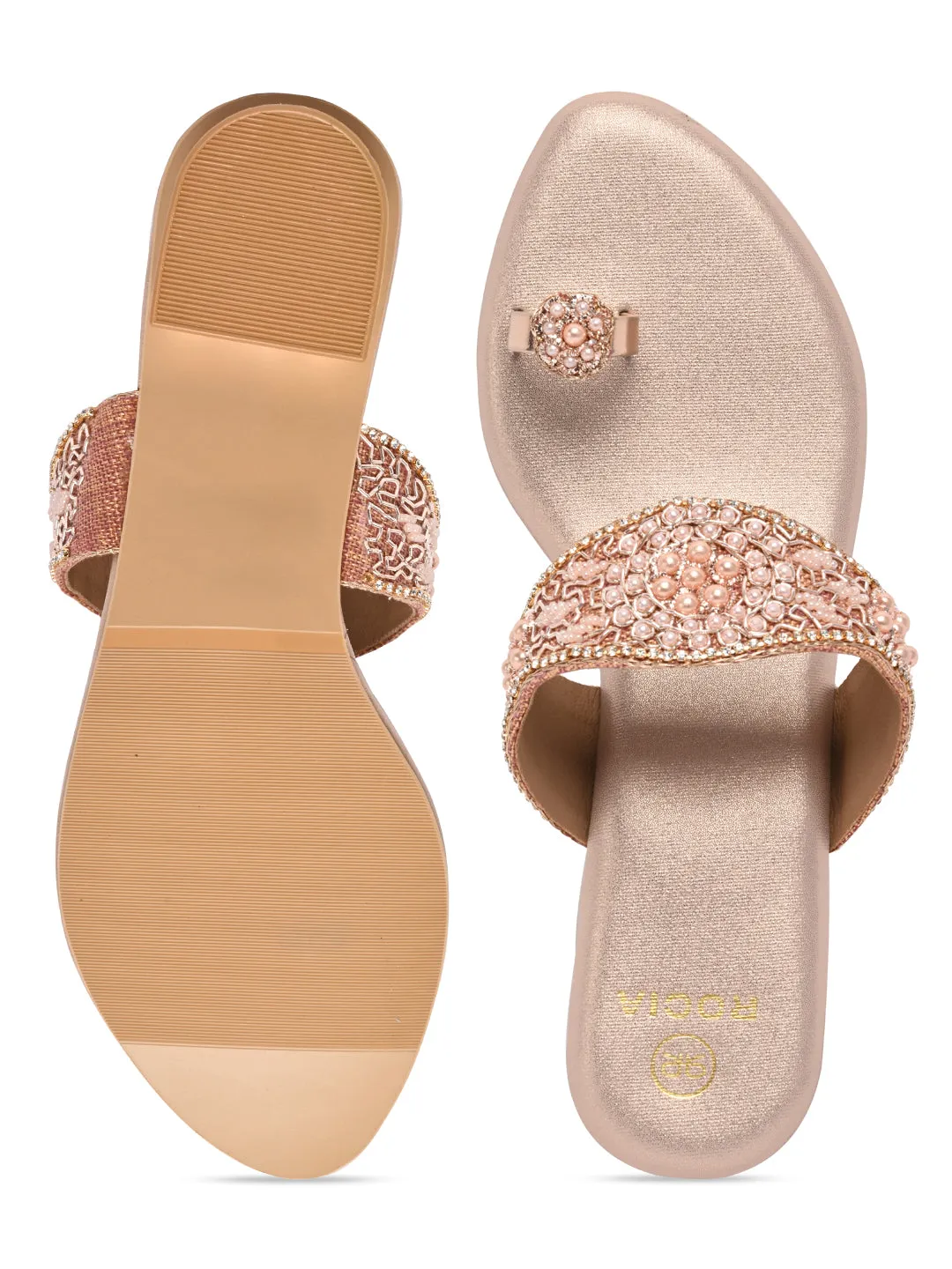 Rocia By Regal Rose Gold Women One Toe Embroidered Sandals