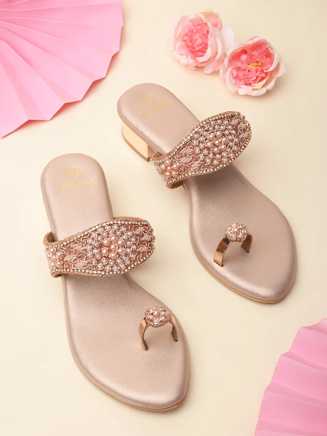 Rocia By Regal Rose Gold Women One Toe Embroidered Sandals