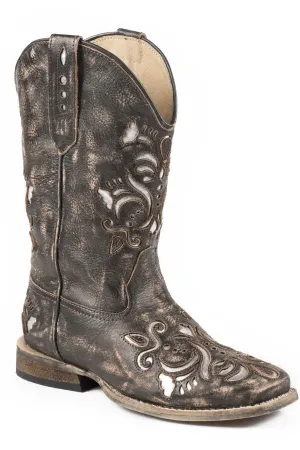 Roper Kids Girls Belle Brown/Silver Leather Cowboy Boots