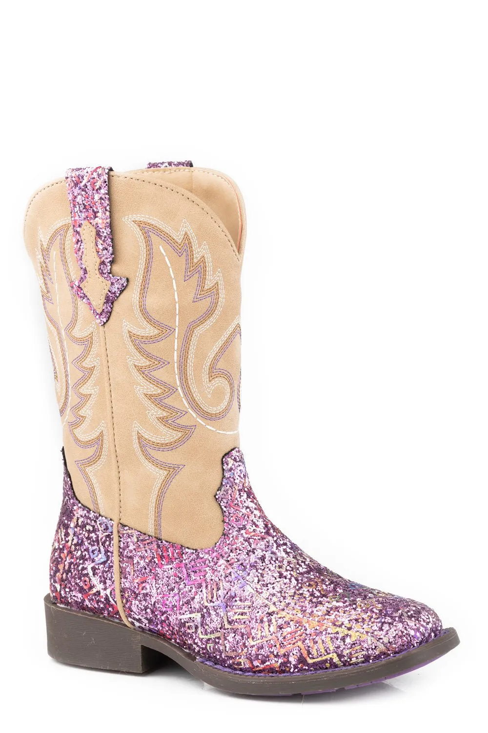 Roper Kids Girls Glitter Aztec Lavender/Beige Faux Leather Cowboy Boots