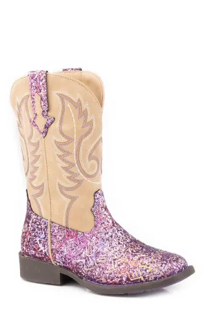 Roper Kids Girls Glitter Aztec Lavender/Beige Faux Leather Cowboy Boots