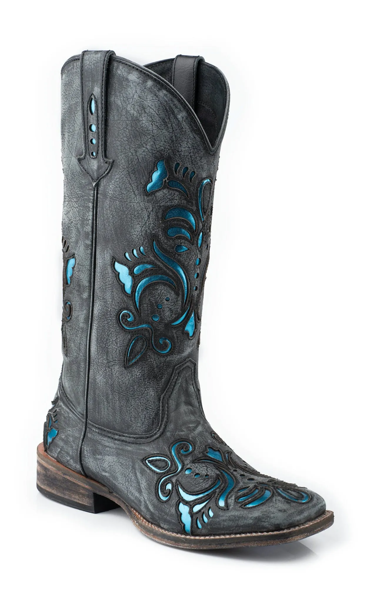 Roper Womens Belle Sanded Black Leather Cowboy Boots