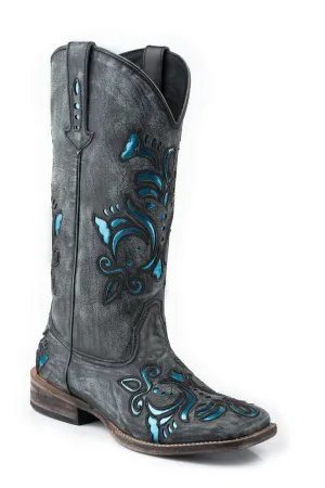 Roper Womens Belle Sanded Black Leather Cowboy Boots