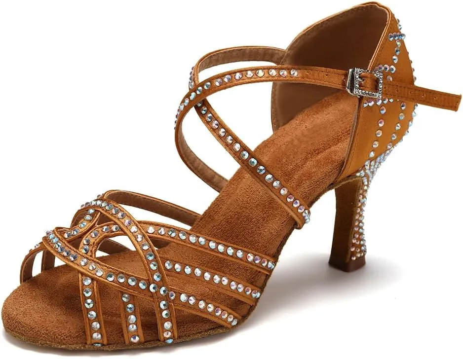SWDZM Women's Latin Dance Shoes Rhinestone Ballroom Salsa Chacha Professional Performance Practice Dancing Shoes,Model YCL483