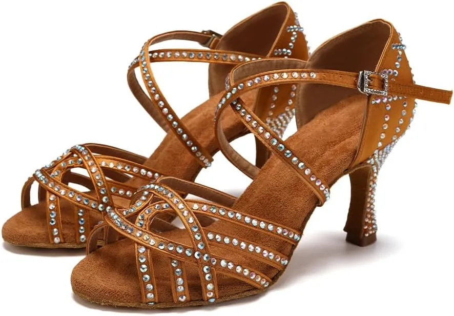 SWDZM Women's Latin Dance Shoes Rhinestone Ballroom Salsa Chacha Professional Performance Practice Dancing Shoes,Model YCL483
