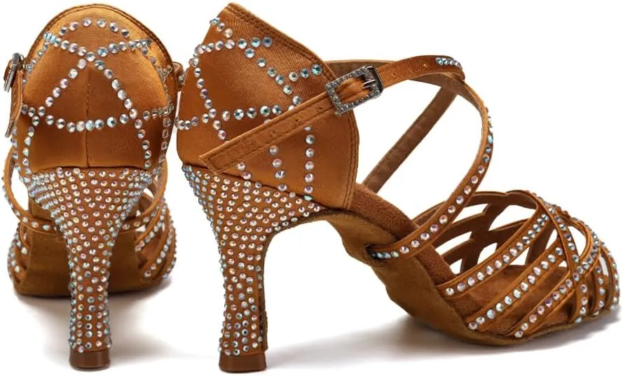 SWDZM Women's Latin Dance Shoes Rhinestone Ballroom Salsa Chacha Professional Performance Practice Dancing Shoes,Model YCL483