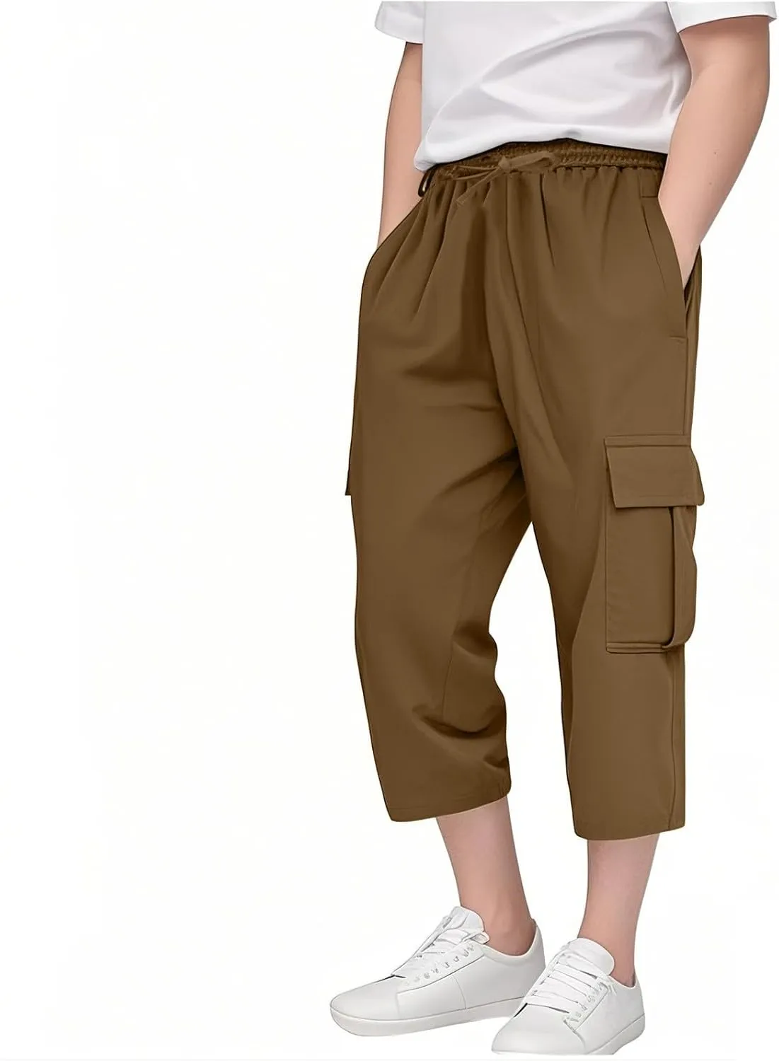 Teen Boys Skinny Cargo 3/4 Pants Fit Drawsting Straight Elastic Waist Casual Slimming Pants Solid Daily Trousers Pockets