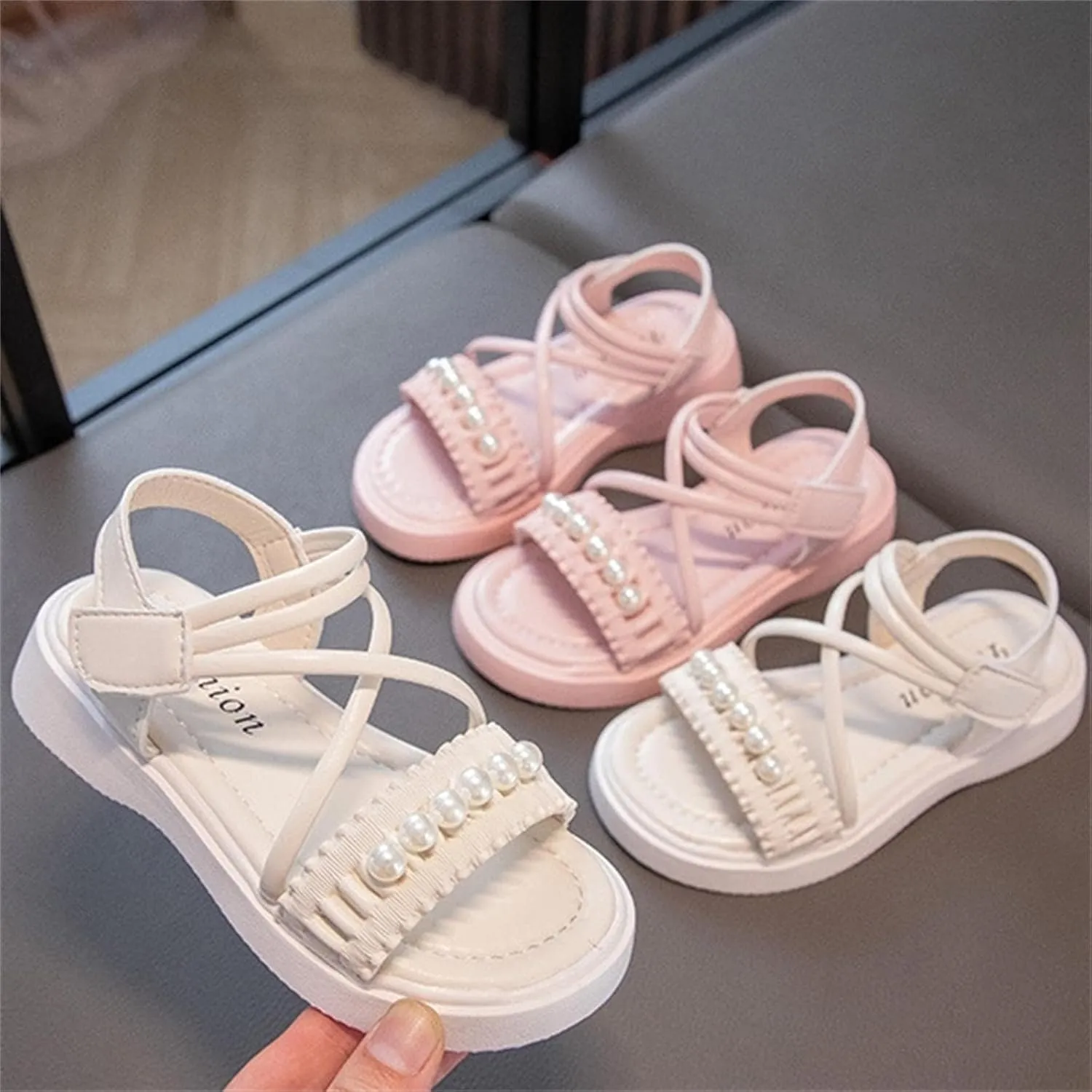 Toddler Baby Girls Open Toe Sandals Cute Pearl Flower Princess Flat Shoes Kids Girls Summer Mary Jane Shoes Sandals