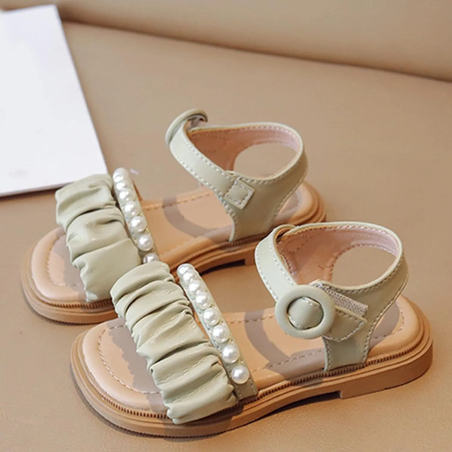 Toddler Infant Girls PU Leather Open Toe Sandals Ruffler Solid Pearl Shoes Summer Sandals Flower Princess Flat Shoes