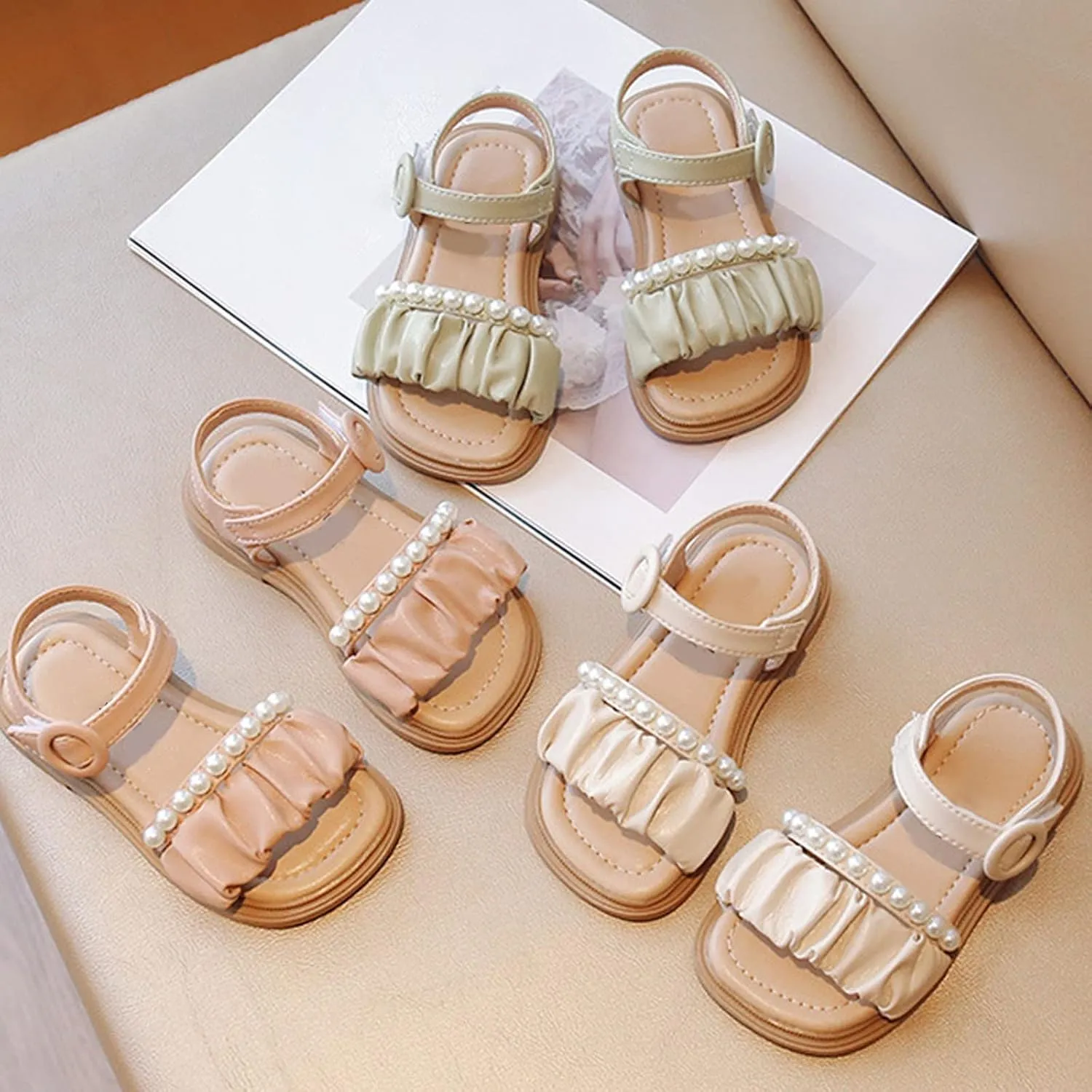 Toddler Infant Girls PU Leather Open Toe Sandals Ruffler Solid Pearl Shoes Summer Sandals Flower Princess Flat Shoes