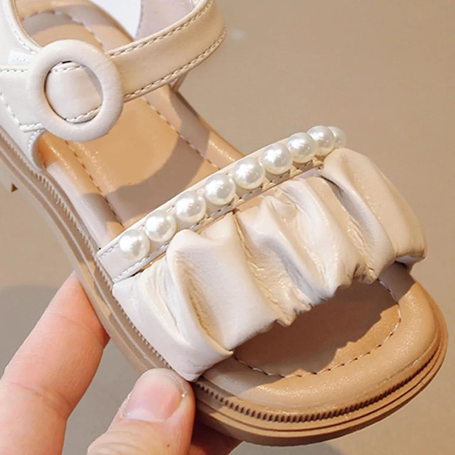 Toddler Infant Girls PU Leather Open Toe Sandals Ruffler Solid Pearl Shoes Summer Sandals Flower Princess Flat Shoes