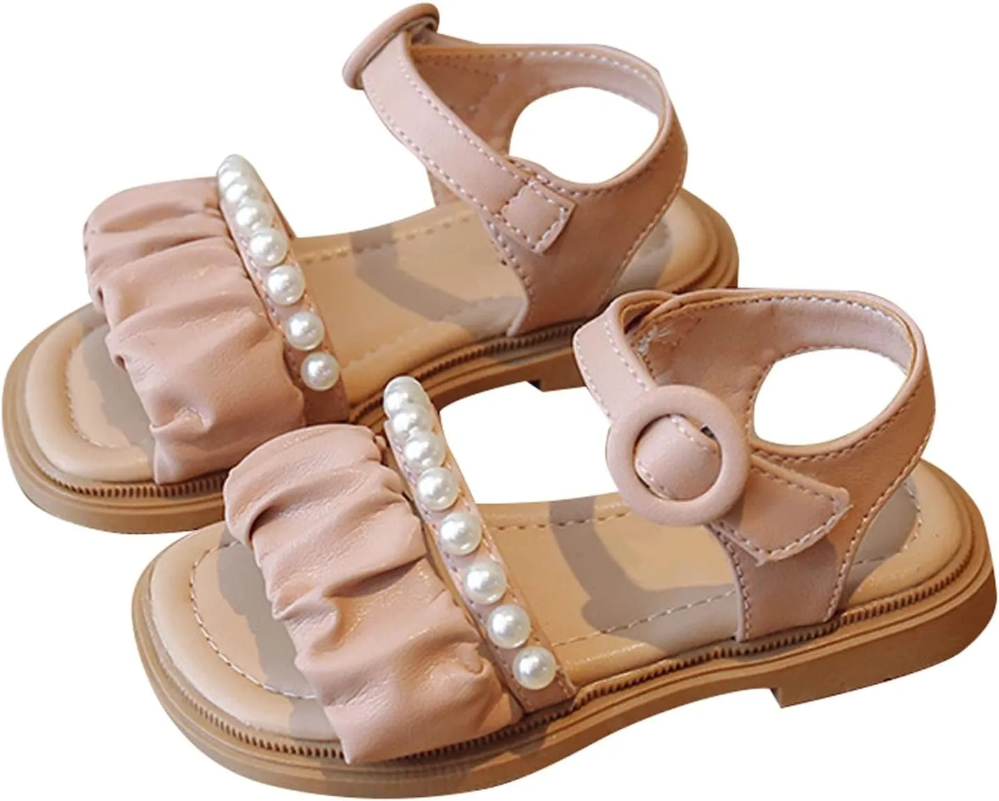Toddler Infant Girls PU Leather Open Toe Sandals Ruffler Solid Pearl Shoes Summer Sandals Flower Princess Flat Shoes