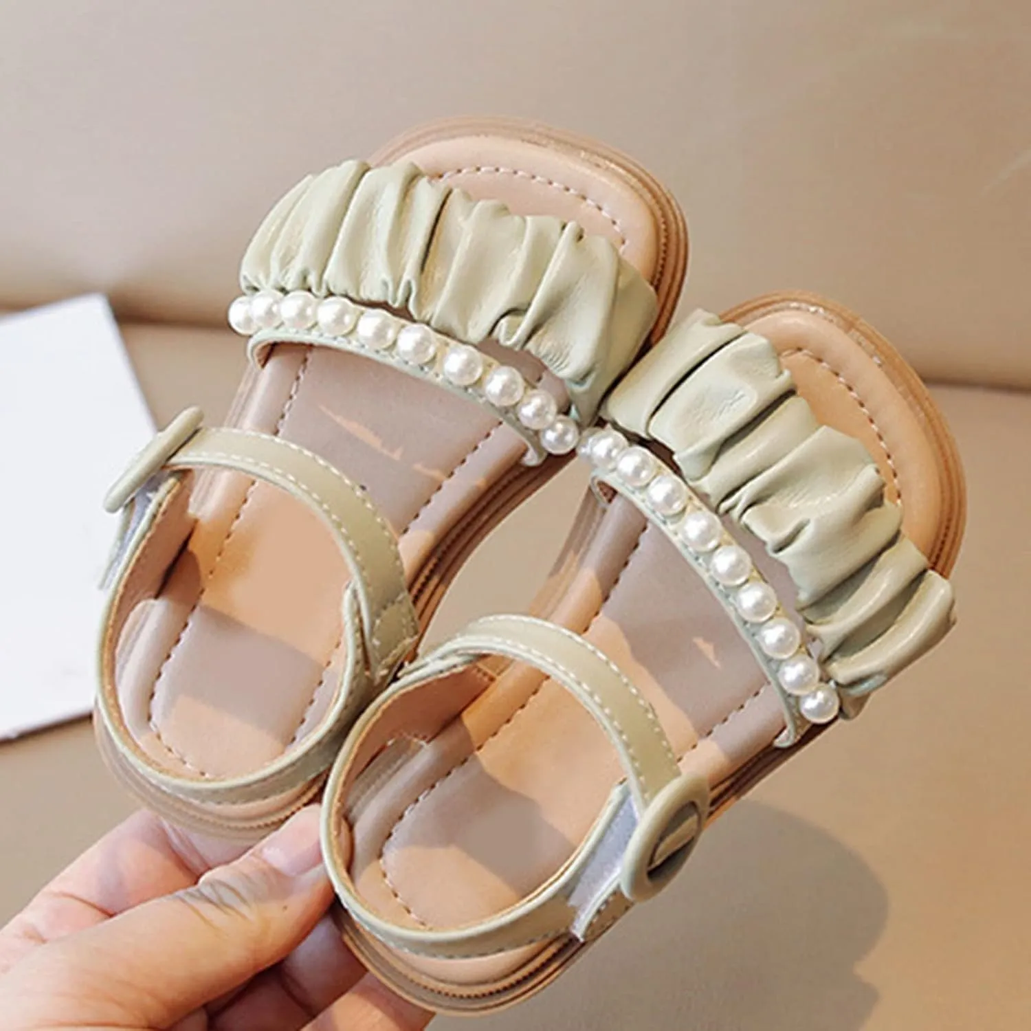 Toddler Infant Girls PU Leather Open Toe Sandals Ruffler Solid Pearl Shoes Summer Sandals Flower Princess Flat Shoes