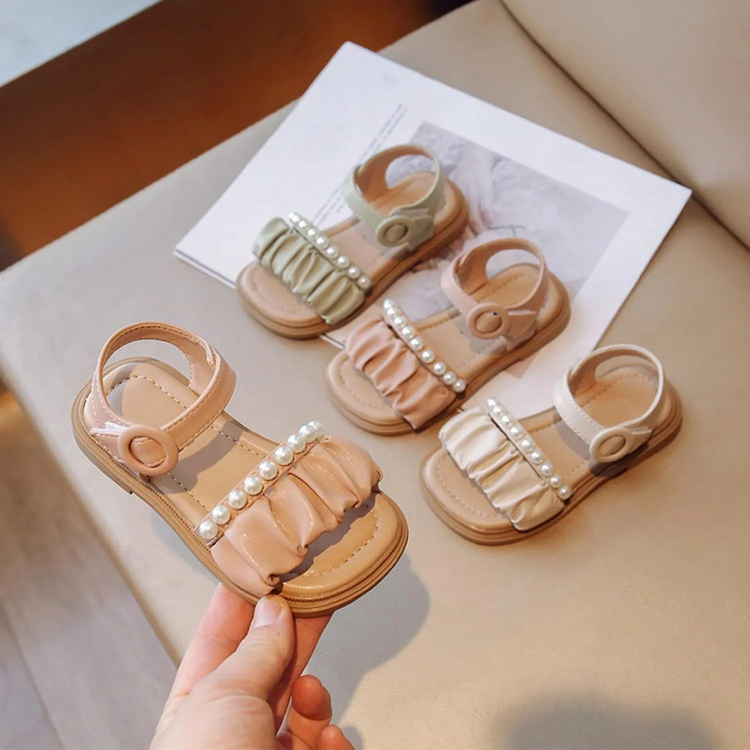 Toddler Infant Girls PU Leather Open Toe Sandals Ruffler Solid Pearl Shoes Summer Sandals Flower Princess Flat Shoes