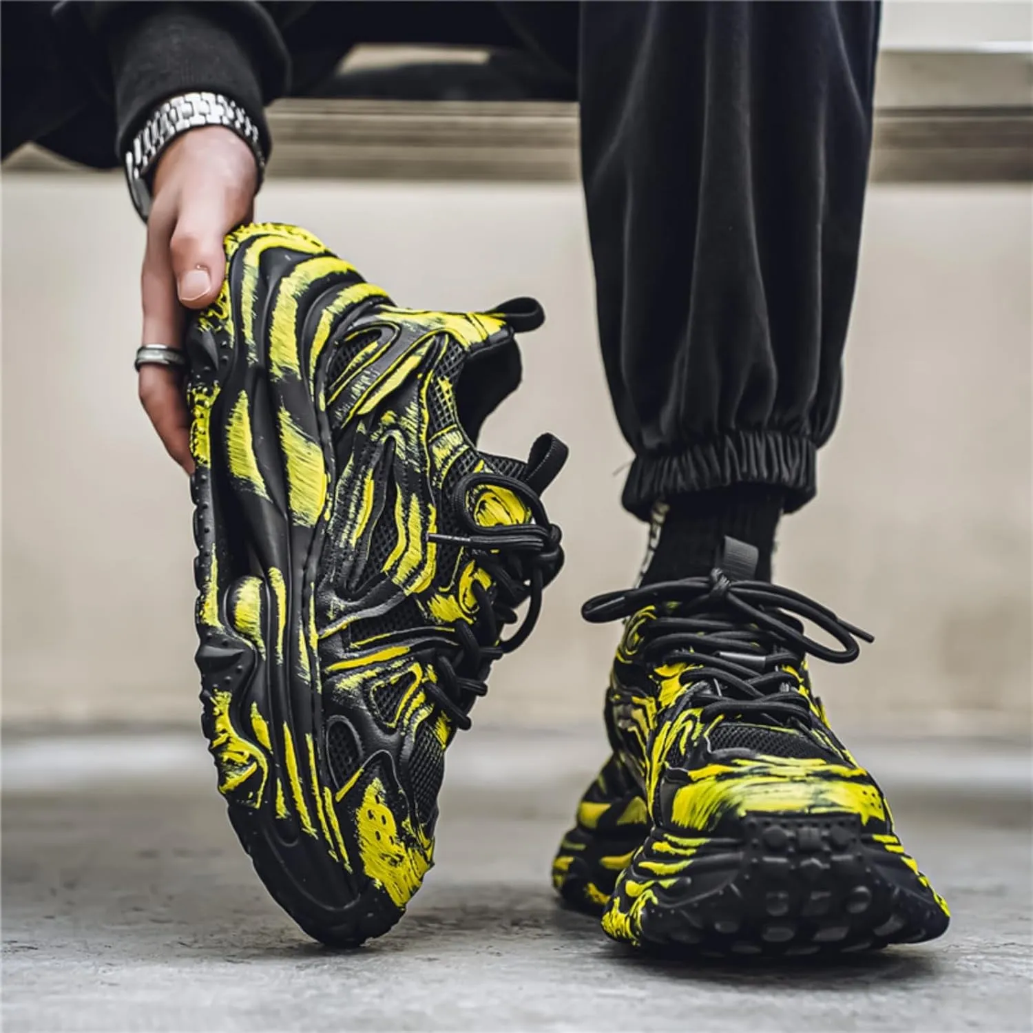 Trend Fashion Breathable Mesh Lace Up Chunky Sneakers for Mens Lightweight Non-Slip Round Toe Casual Outdoor Walking Running Shoes Sport Dad Shoes