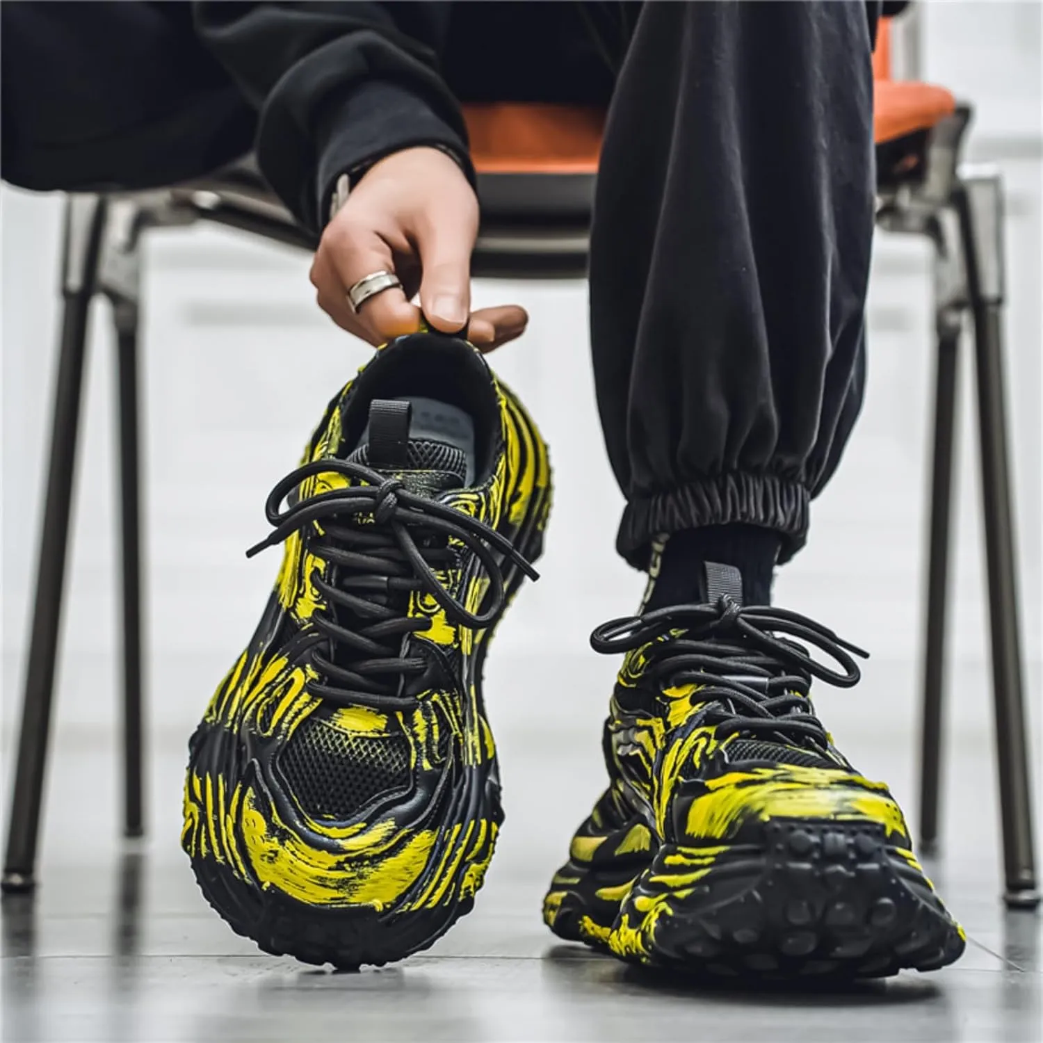 Trend Fashion Breathable Mesh Lace Up Chunky Sneakers for Mens Lightweight Non-Slip Round Toe Casual Outdoor Walking Running Shoes Sport Dad Shoes