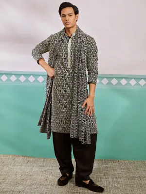 VASTRAMAY Men's Black Rayon Kurta, Patiala And Dupatta Set.