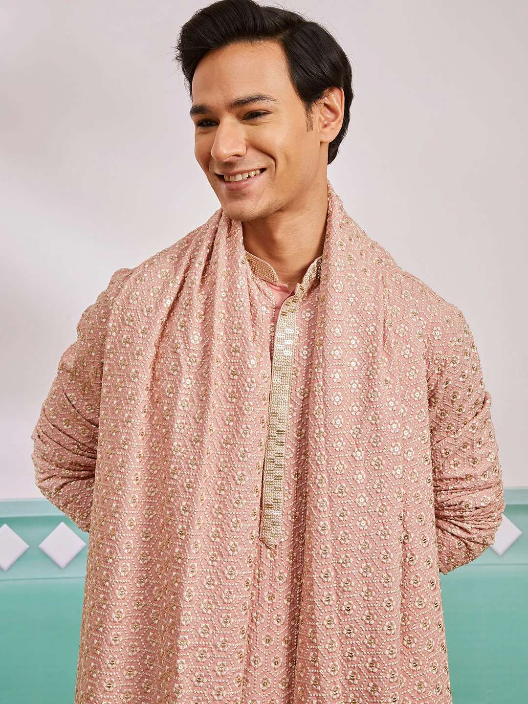 VASTRAMAY Men's Peach Rayon Kurta, Pyjama And Dupatta Set.