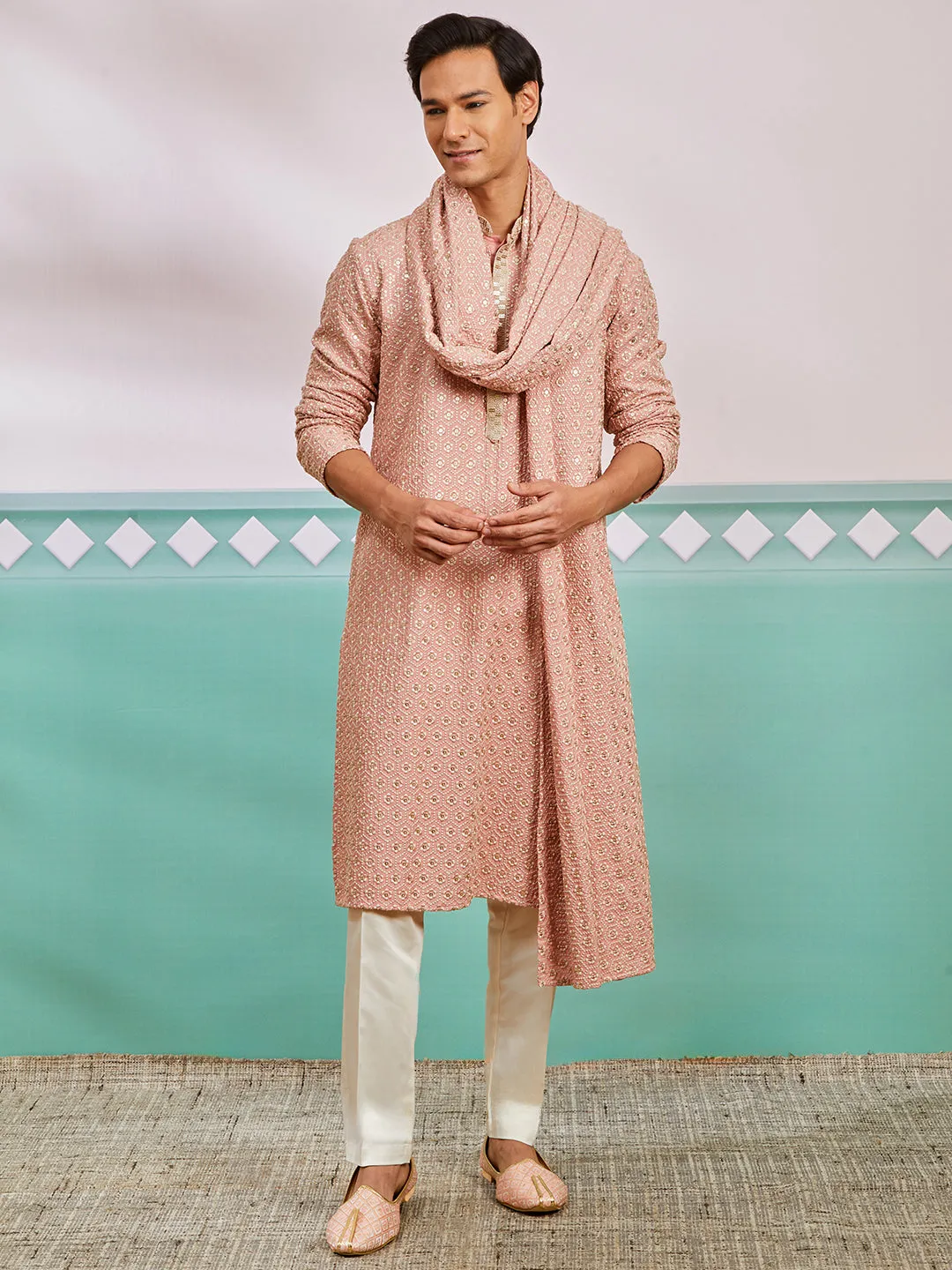 VASTRAMAY Men's Peach Rayon Kurta, Pyjama And Dupatta Set.