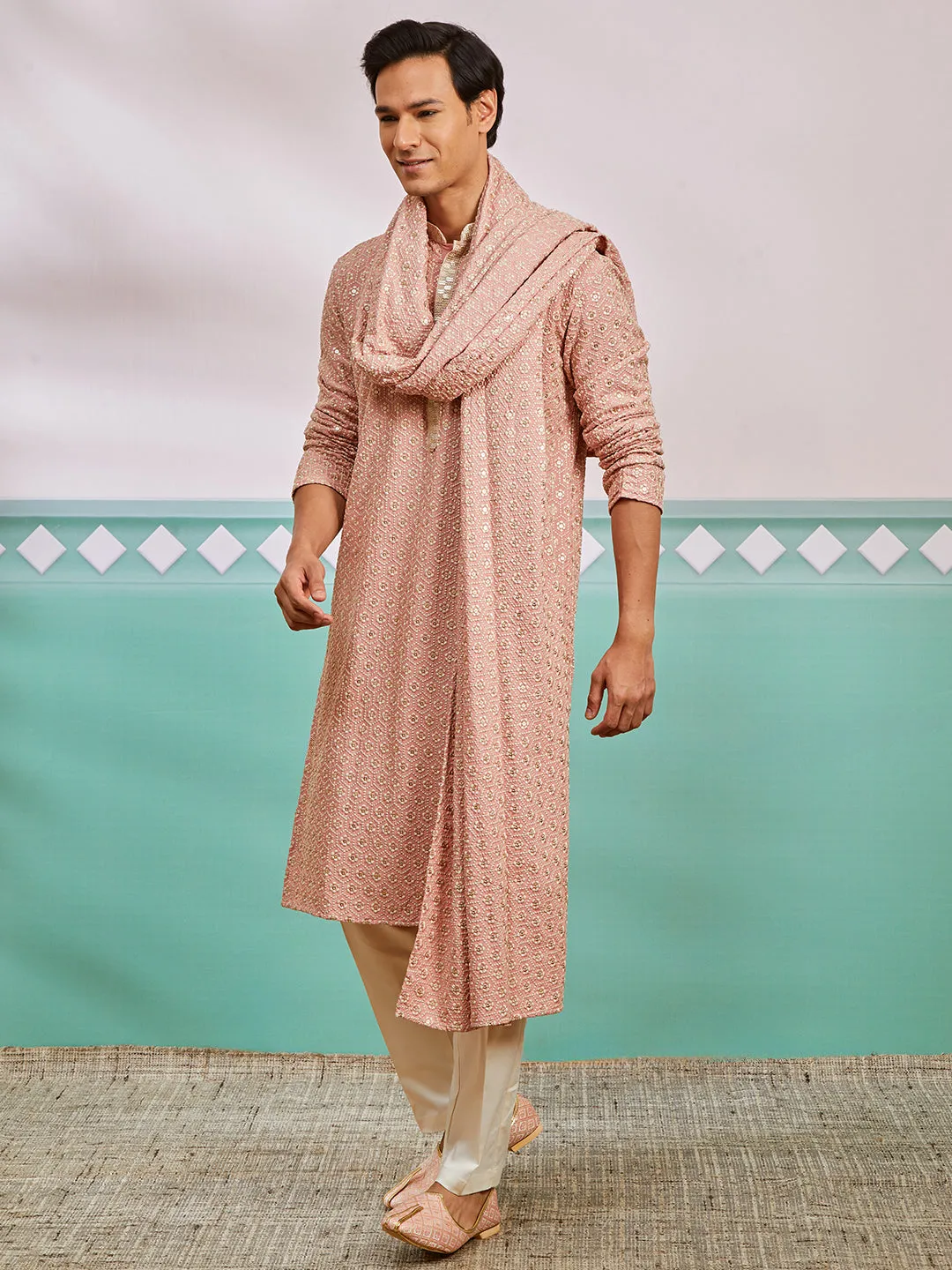 VASTRAMAY Men's Peach Rayon Kurta, Pyjama And Dupatta Set.