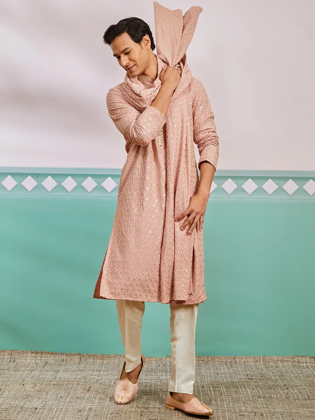 VASTRAMAY Men's Peach Rayon Kurta, Pyjama And Dupatta Set.