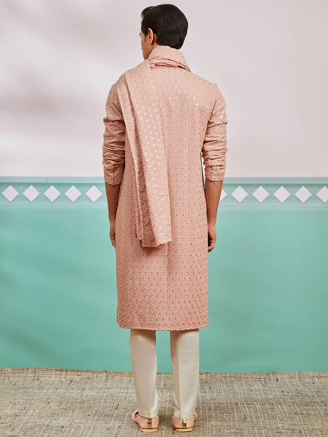 VASTRAMAY Men's Peach Rayon Kurta, Pyjama And Dupatta Set.