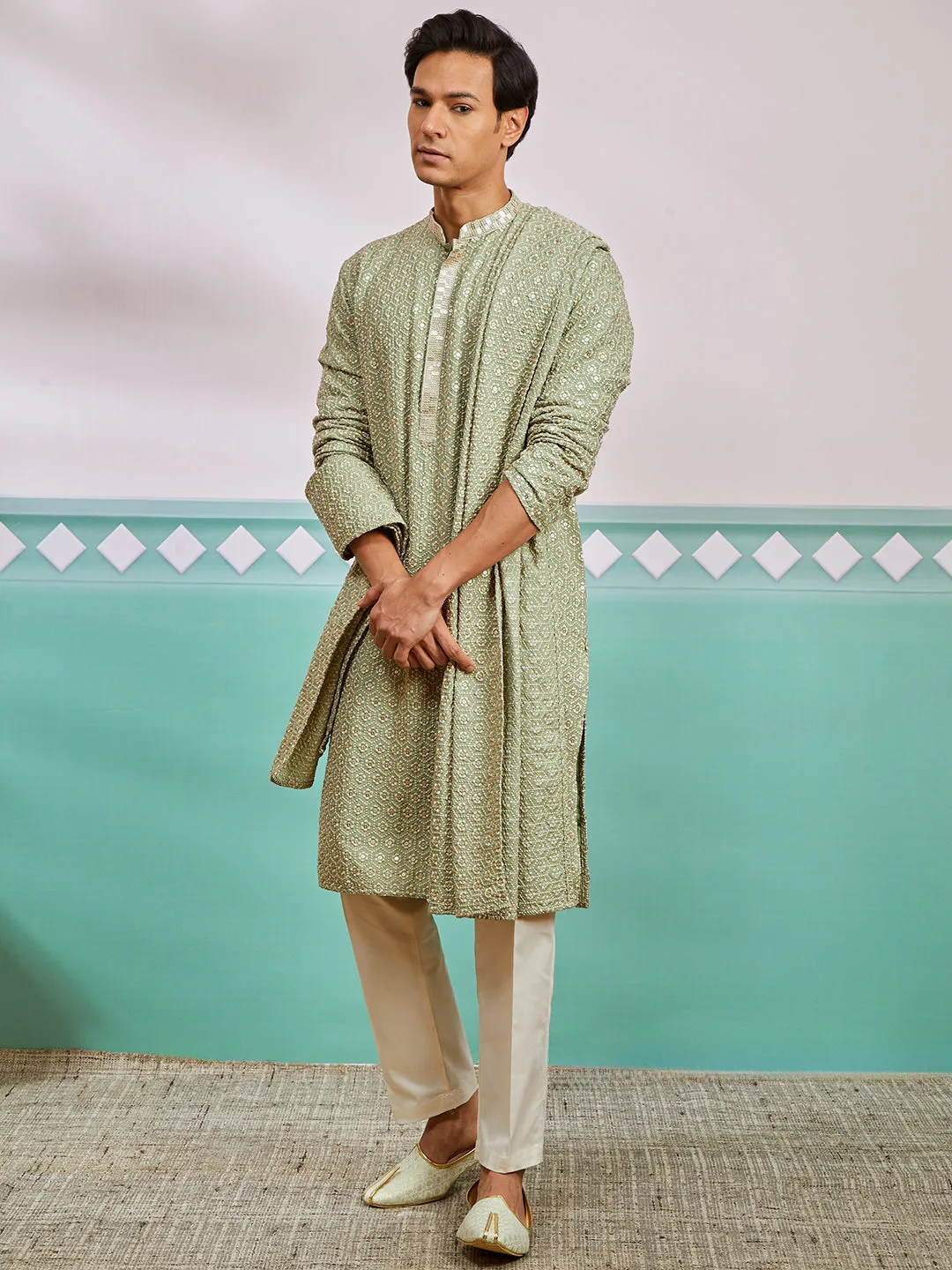 VASTRAMAY Men's Pista Green Rayon Kurta, Pyjama And Dupatta Set.