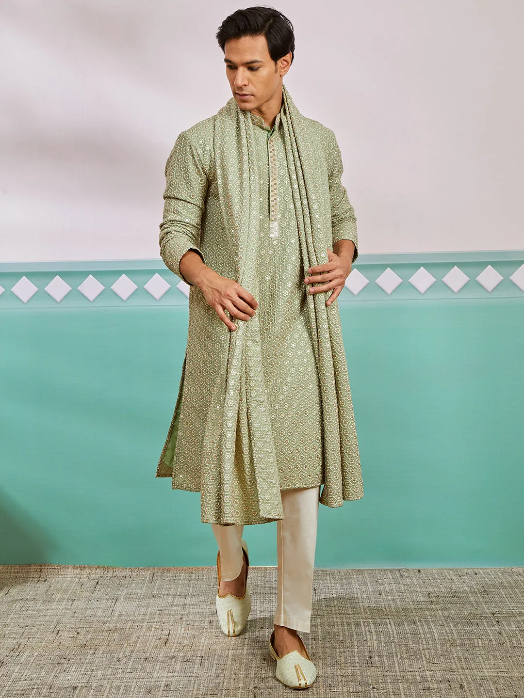 VASTRAMAY Men's Pista Green Rayon Kurta, Pyjama And Dupatta Set.