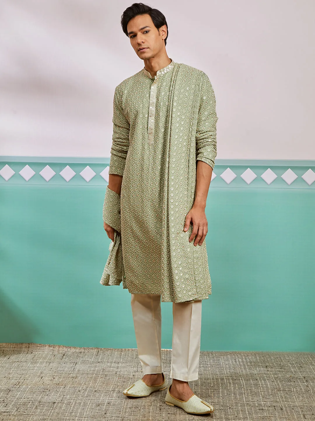 VASTRAMAY Men's Pista Green Rayon Kurta, Pyjama And Dupatta Set.