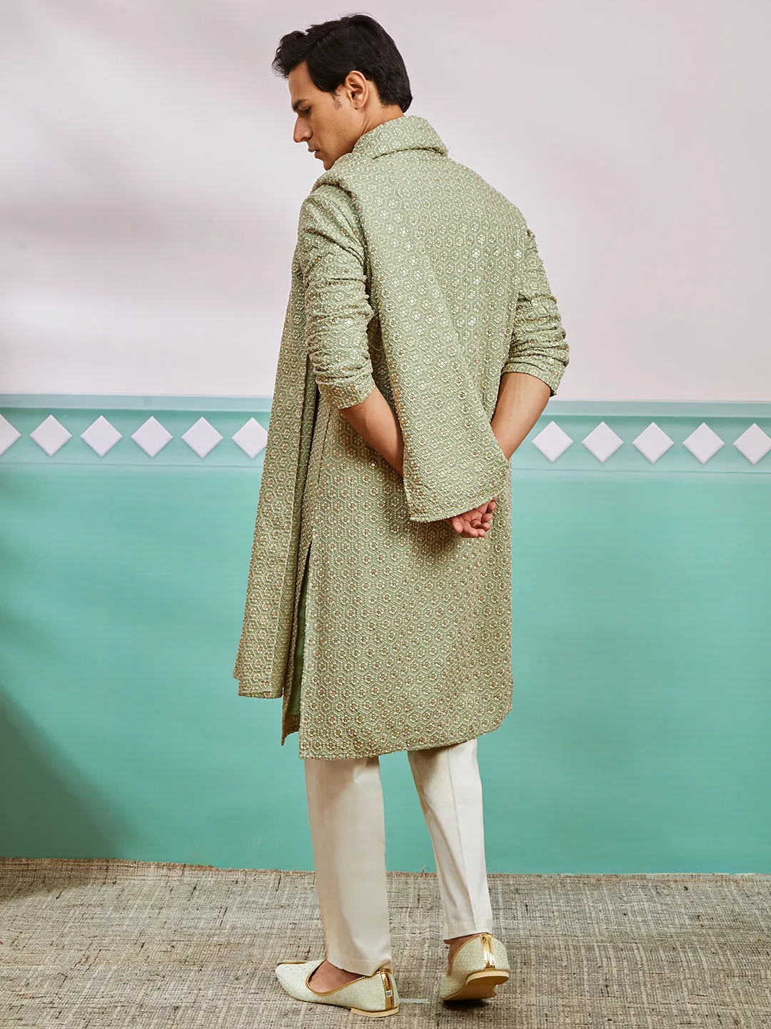 VASTRAMAY Men's Pista Green Rayon Kurta, Pyjama And Dupatta Set.