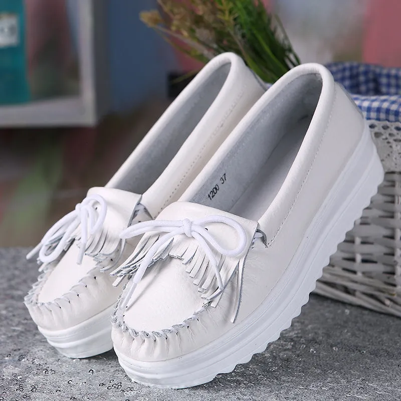 White Genuine Leather Tassel Heightening Platform Shoes