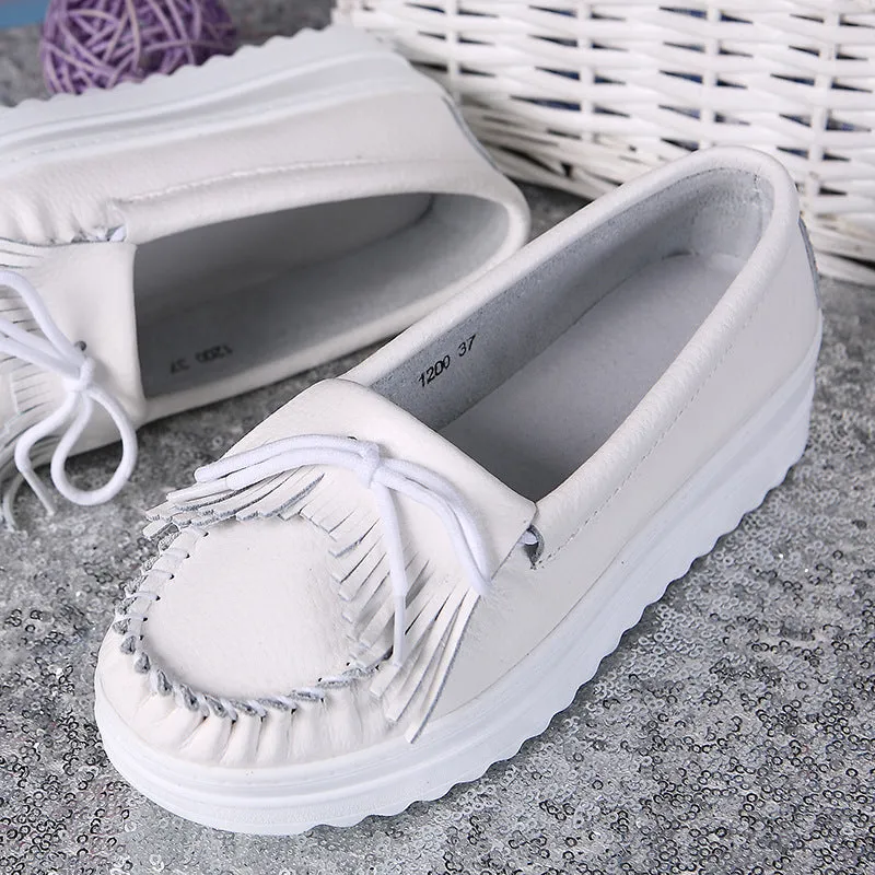 White Genuine Leather Tassel Heightening Platform Shoes