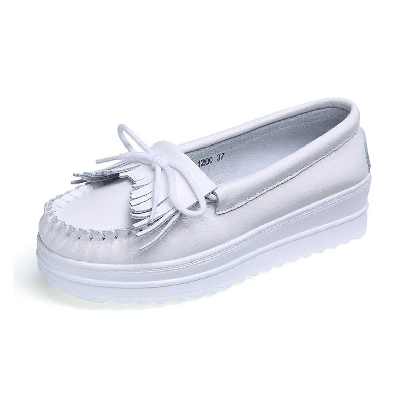 White Genuine Leather Tassel Heightening Platform Shoes