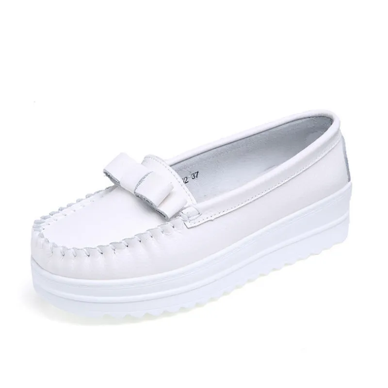 White Genuine Leather Tassel Heightening Platform Shoes