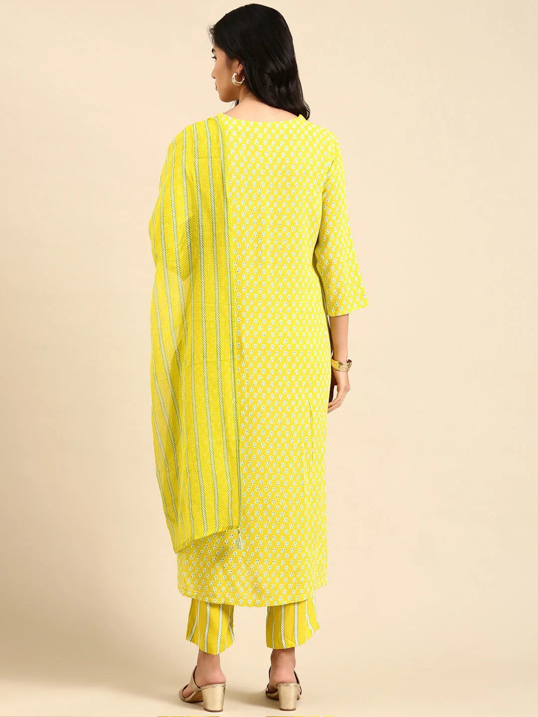 Women Floral Yellow Straight Kurta Set with Dupatta