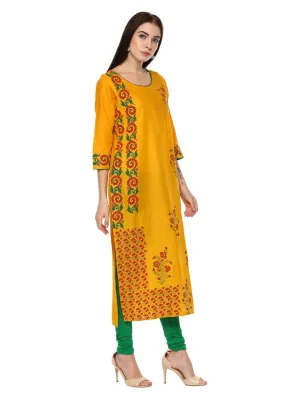 Women Mustard Ajrakh Hand Block Floral Printed Minimal Straight Cotton Kurta - Inayat