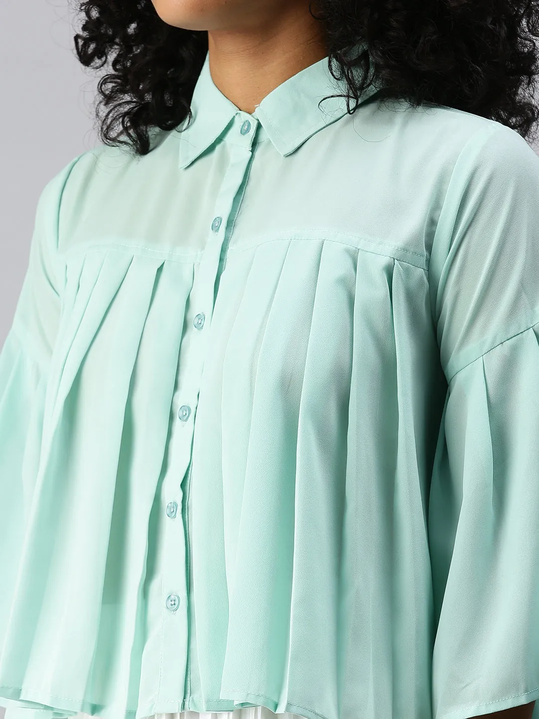 Women Sea Green Solid A-Line Top