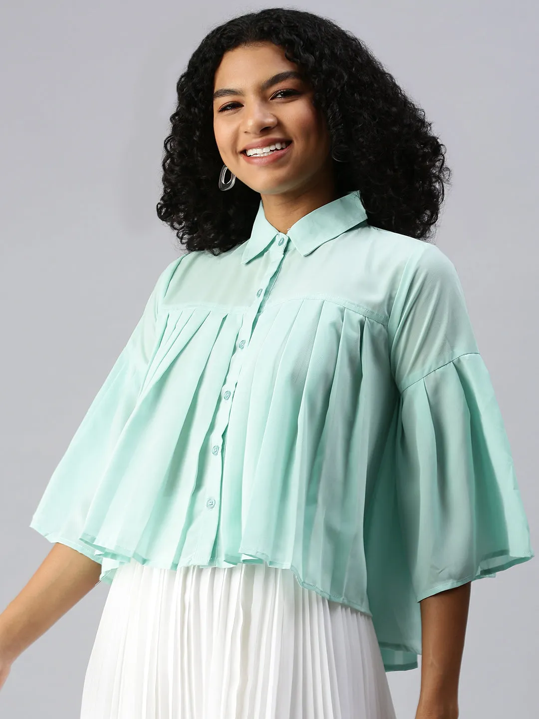 Women Sea Green Solid A-Line Top