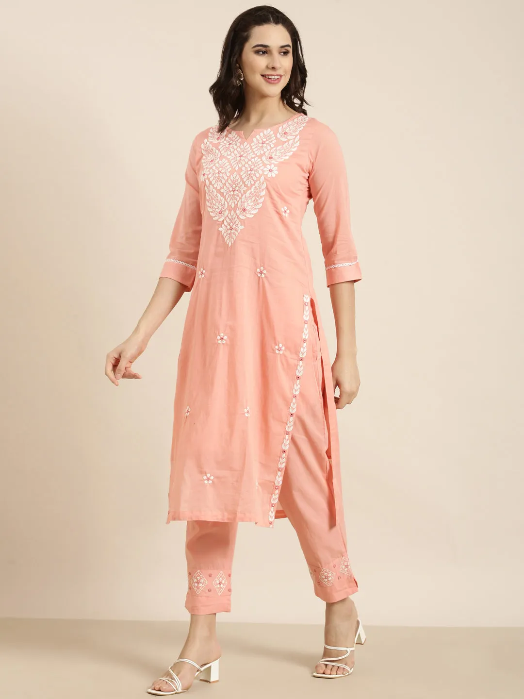 Women Straight Peach Solid Kurta and Trousers Set Comes With Dupatta