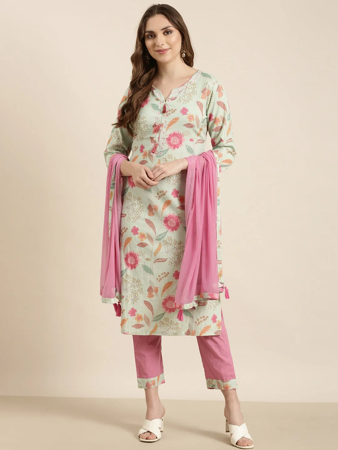 Women Straight Sea Green Floral Kurta and Trousers Set Comes With Dupatta