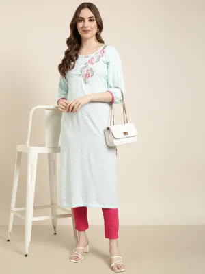Women Straight Turquoise Blue Chevron Kurta