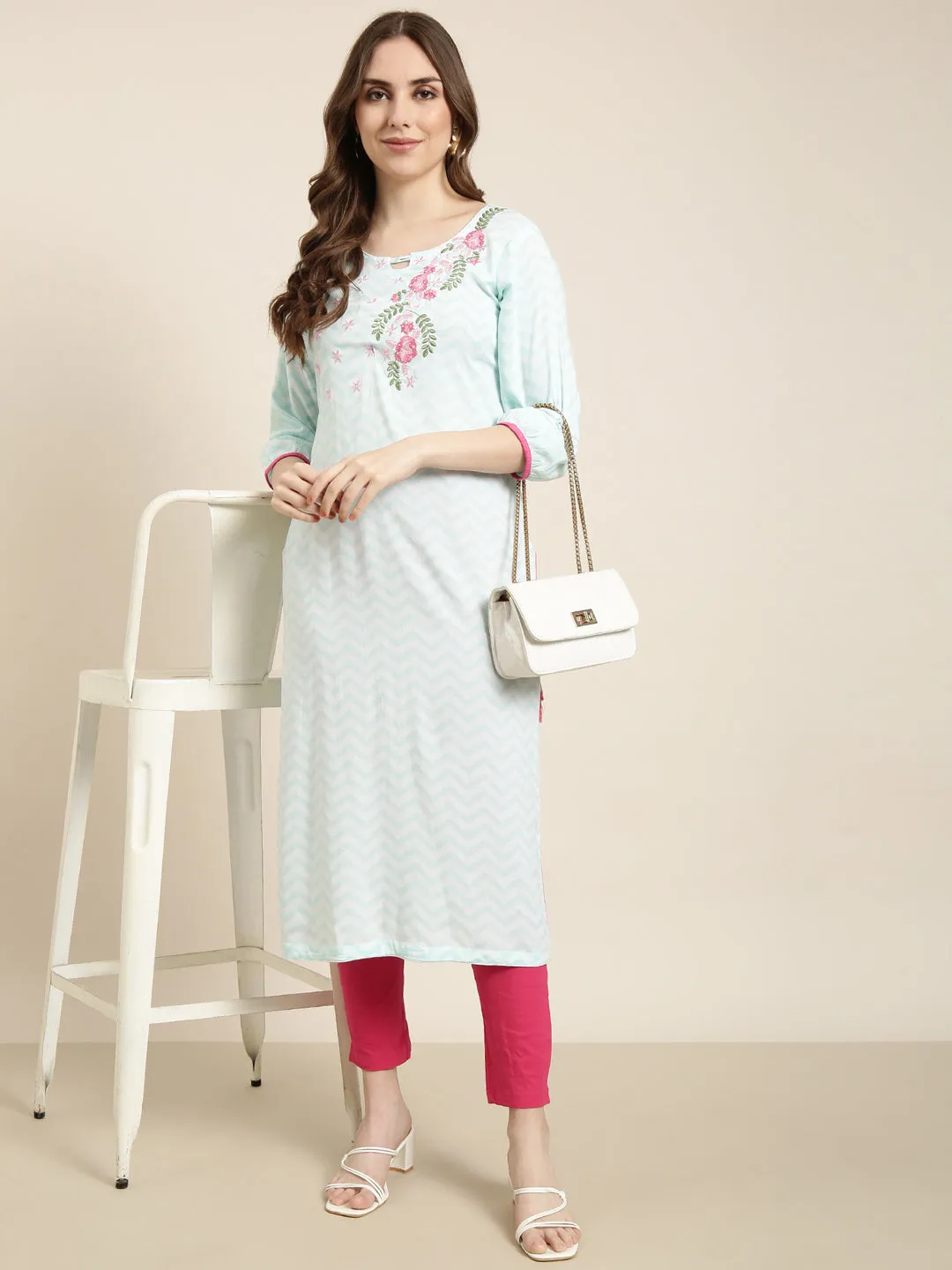 Women Straight Turquoise Blue Chevron Kurta