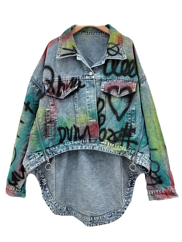 Womens Graffiti Patchwork Denim Jacket  Bold & Artistic Streetwear