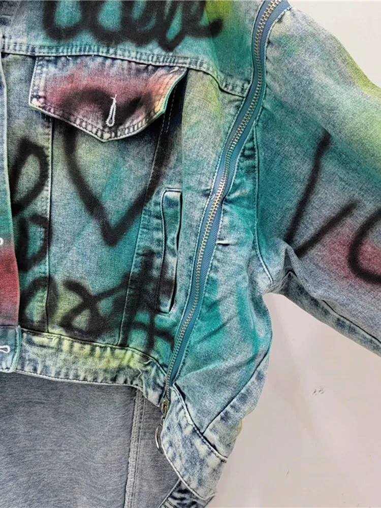 Womens Graffiti Patchwork Denim Jacket  Bold & Artistic Streetwear