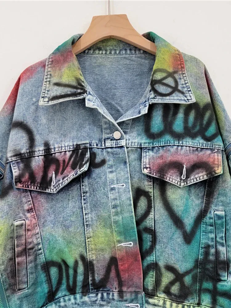 Womens Graffiti Patchwork Denim Jacket  Bold & Artistic Streetwear