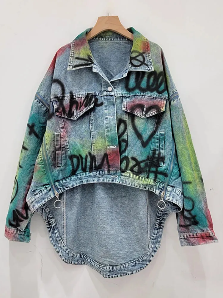 Womens Graffiti Patchwork Denim Jacket  Bold & Artistic Streetwear