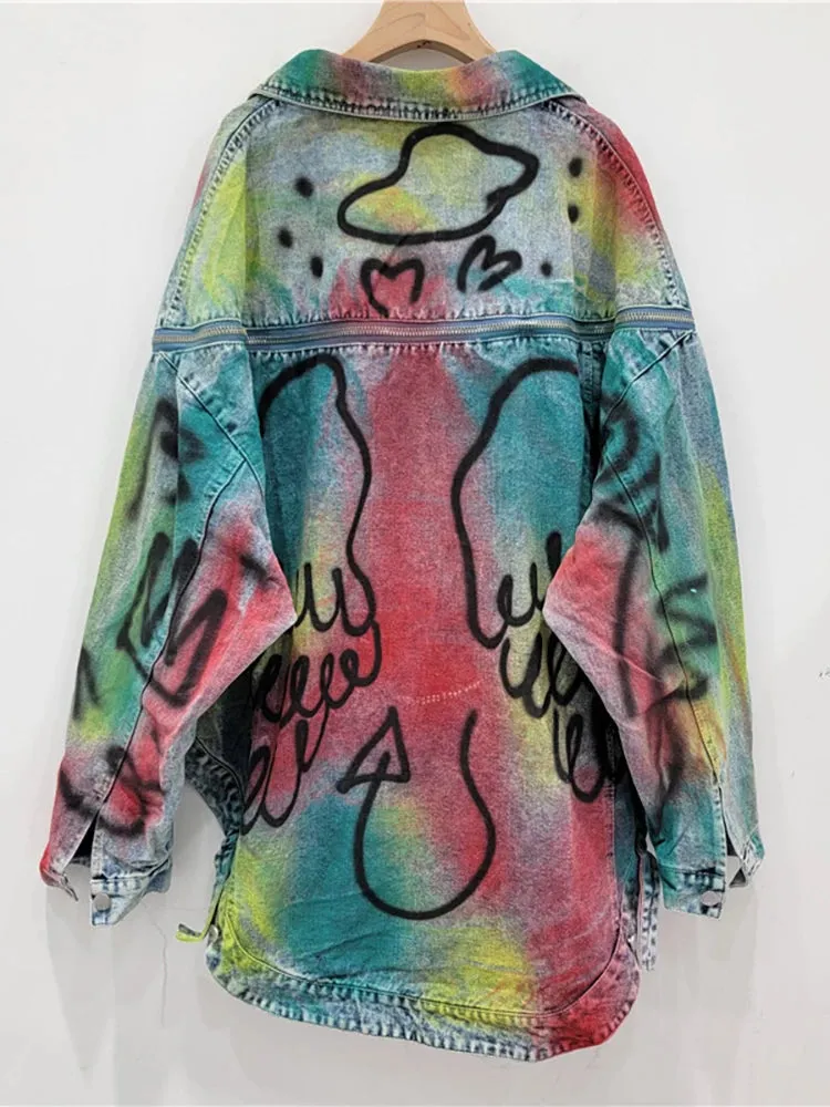 Womens Graffiti Patchwork Denim Jacket  Bold & Artistic Streetwear