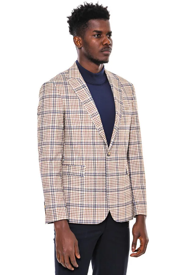 WSS Plaid Slim-Fit Brown Blue Men Blazer  - Singen